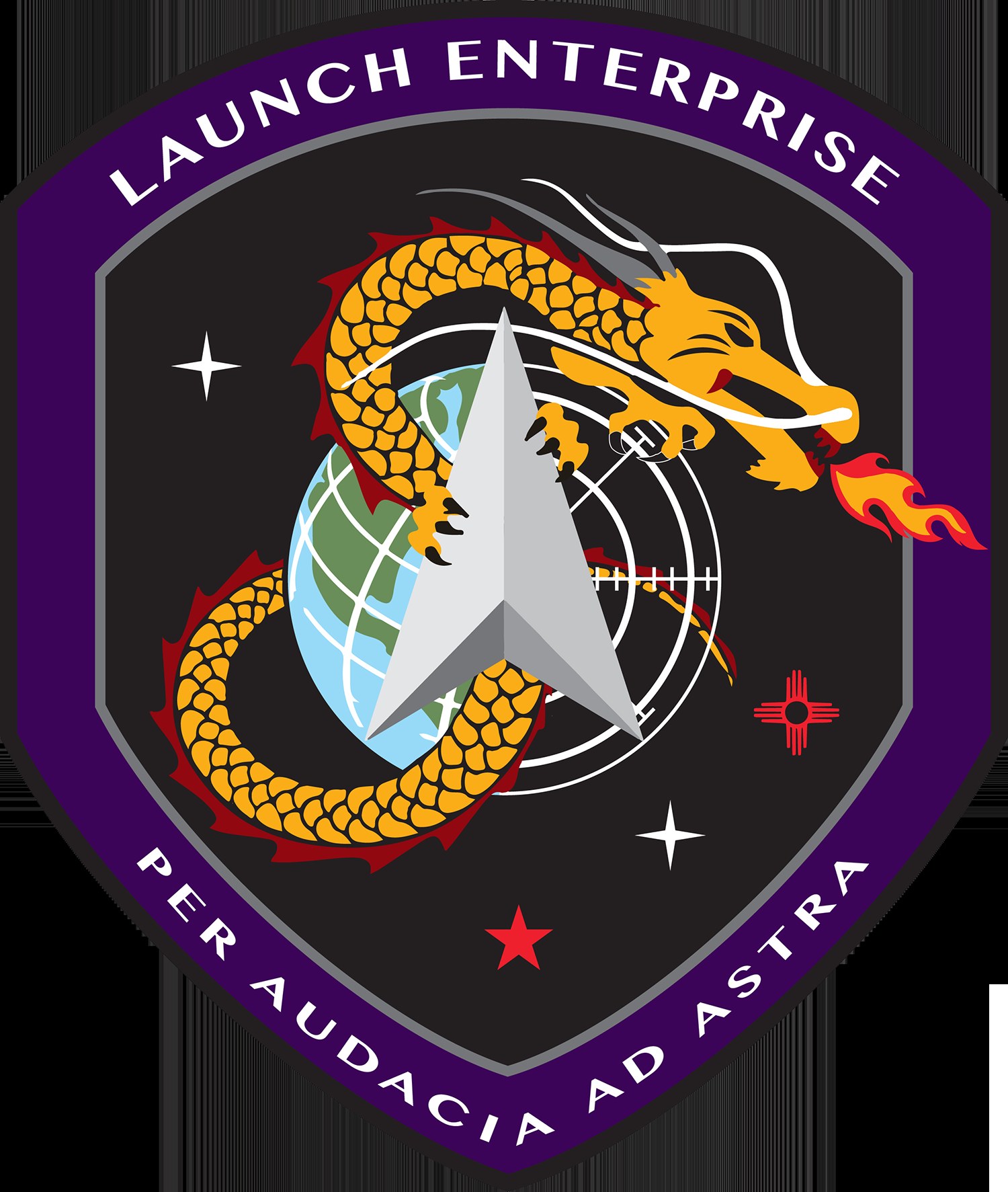 Logo der Space Shuttle Enterprise mit einem wilden Drachen mit ausgebreiteten Flügeln und erhobenem Kopf über einer tiefblauen Weltkugel mit weißer Umrandung und fetter schwarzer Schrift, die "Space Shuttle Enterprise" darunter liest.