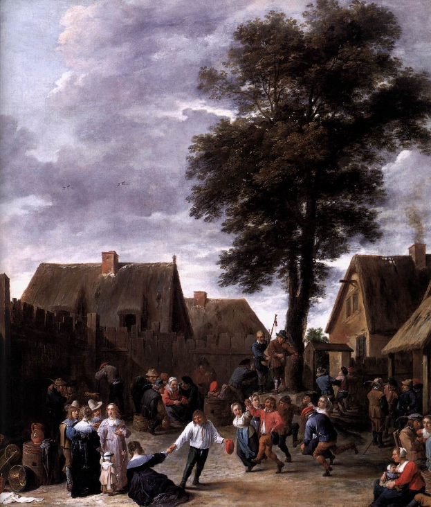 Gemälde namens 'Der Tanz im Dorf' von Jan Brueghel dem Jüngeren, das eine Dorfplatzszene mit Menschen, Häusern, Bäumen, einem Holz-Zaun, einer bewölkten Himmel und fliegenden Vögeln zeigt.