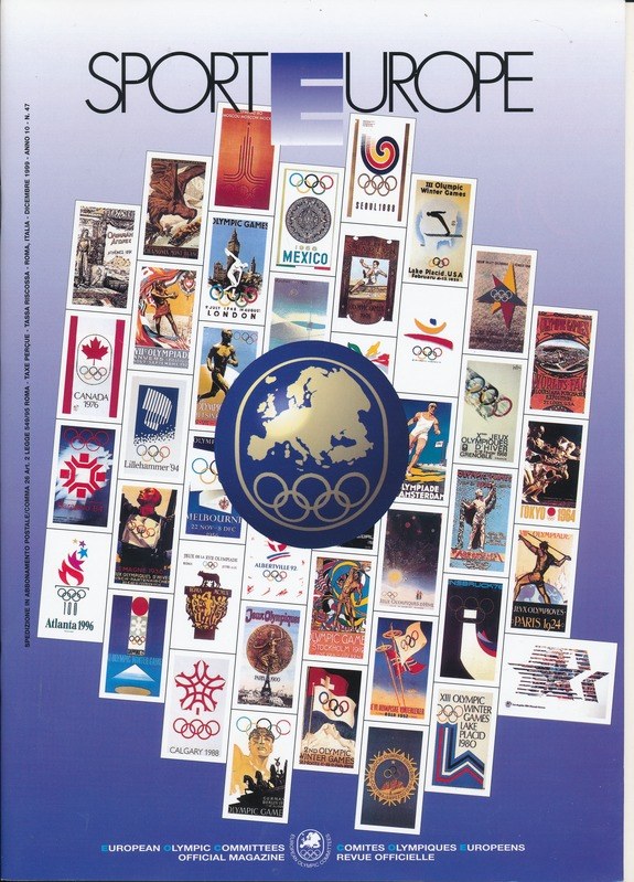 Buchumschlag mit dem Titel "Sport in Europa" mit leuchtenden olympischen Bildern, Symbolen und Text auf einem bunten, detailreichen Design.
