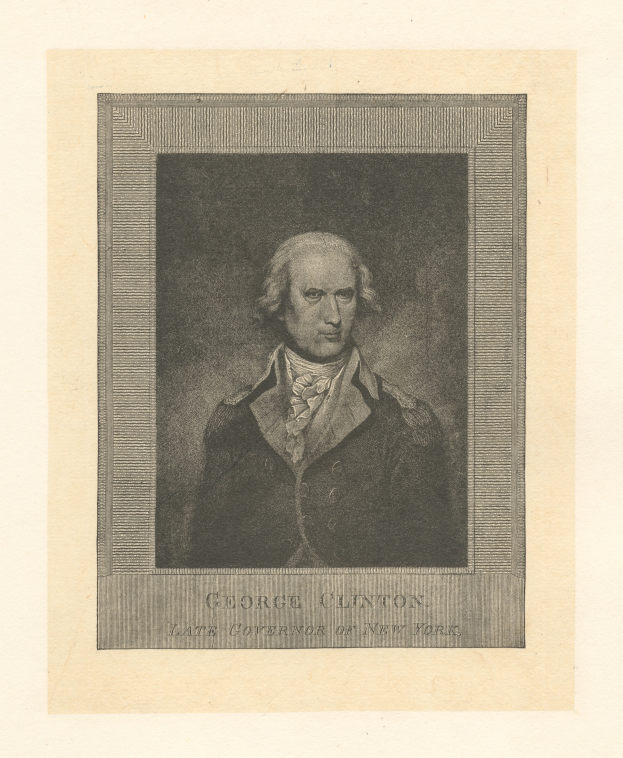 Porträt von George Clinton, dem verstorbenen Gouverneur von New York, in einem Anzug mit zurückgekämmtem Haar, der direkt in die Kamera schaut und einen ernsten Gesichtsausdruck hat. Der Text 'George Clinton' ist unten im Bild zu sehen.