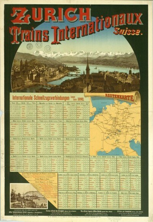 Plakat für die Zurich Trains Internationalaux, das eine Karte von Zürich mit Gebäuden, Wasser und Bergen im Hintergrund und einen Textüberlagerung zeigt.