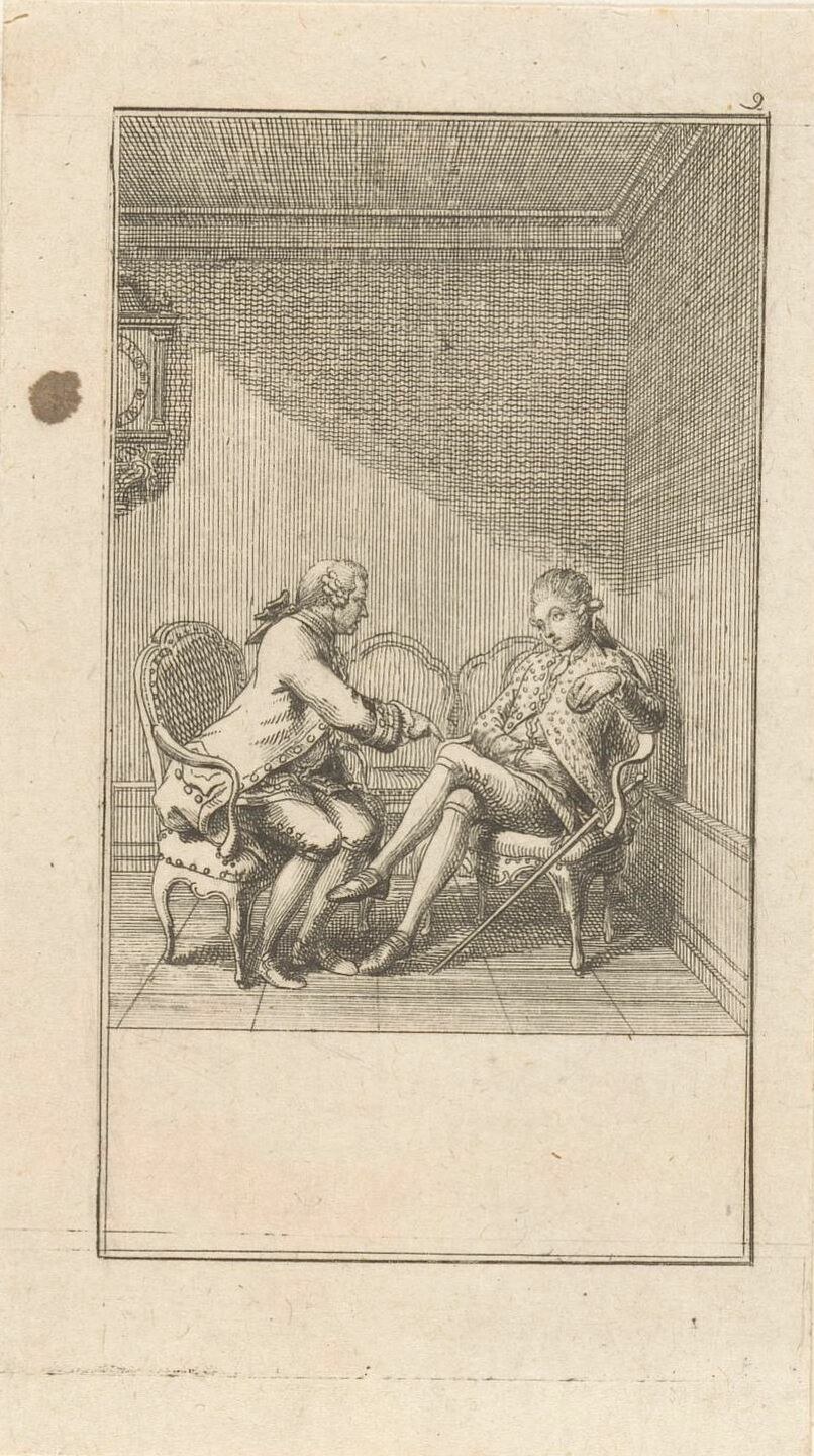 Gravur eines formell gekleideten Mannes und einer Frau, die in einem Stuhl sitzen und ein ernstes Gespräch über ein Blatt Papier mit einer Zeichnung führen, in einer formellen Umgebung.