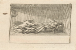 Gravur eines formell gekleideten Mannes und einer Frau, die in einem Stuhl sitzen und ein ernstes Gespräch über ein Blatt Papier mit einer Zeichnung führen, in einer formellen Umgebung.