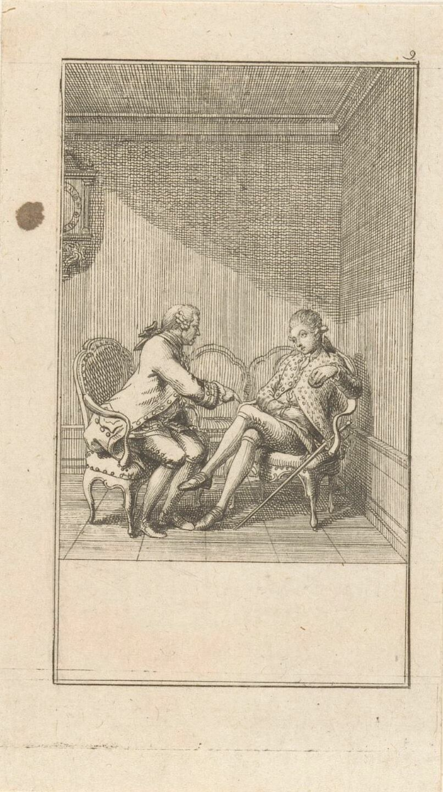 Gravur eines formell gekleideten Mannes und einer Frau, die in einem Stuhl sitzen und ein ernstes Gespräch über ein Blatt Papier mit einer Zeichnung führen, in einer formellen Umgebung.