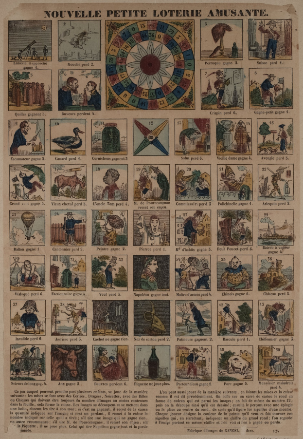 Altes Buch mit einer dekorativen Wheel of Fortune-Illustration umgeben von Text.