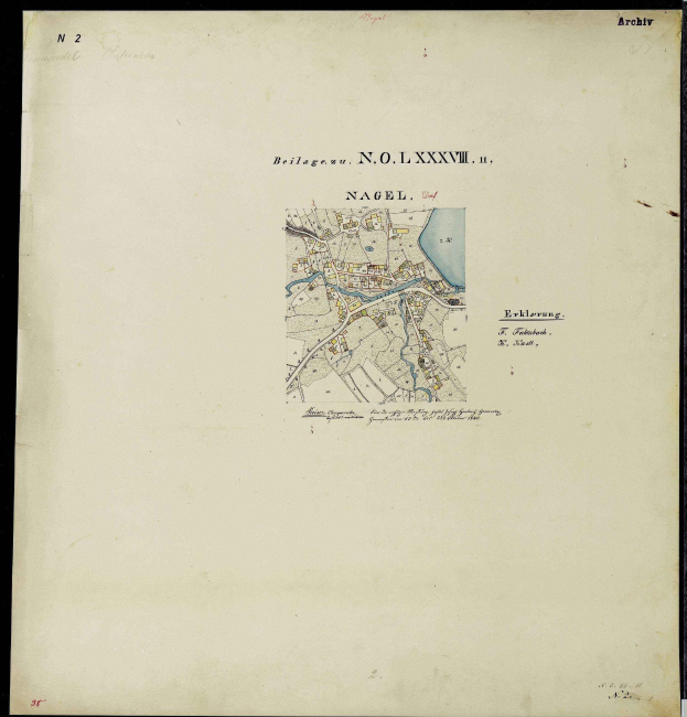 Detailreiche alte Karte von Nagel, Deutschland, zeigt Straßen, Gebäude und Sehenswürdigkeiten mit begleitendem Text über die Stadt.