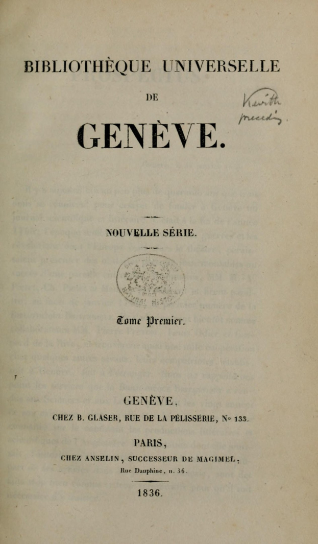Cover eines alten Buches mit dem Titel "Bibliothèque Universelle de Genève", aufgeklappt, um seinen Innentext zu zeigen.
