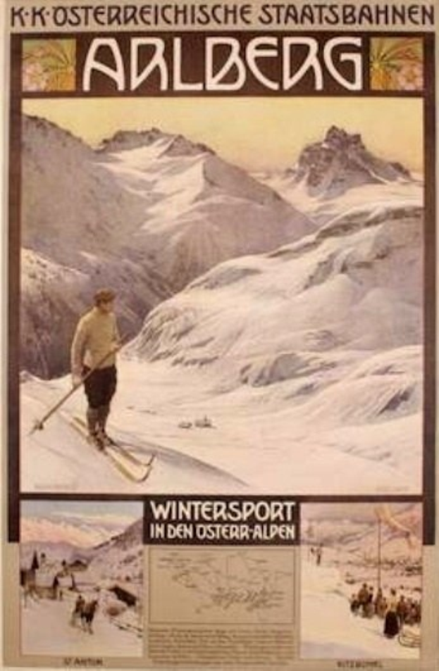 Ein Plakat, das einen Wintersport in den österreichischen Alpen bewirbt, zeigt eine Person, die auf Skiern durch Bilder anderer Menschen und Berge fährt, mit Text.