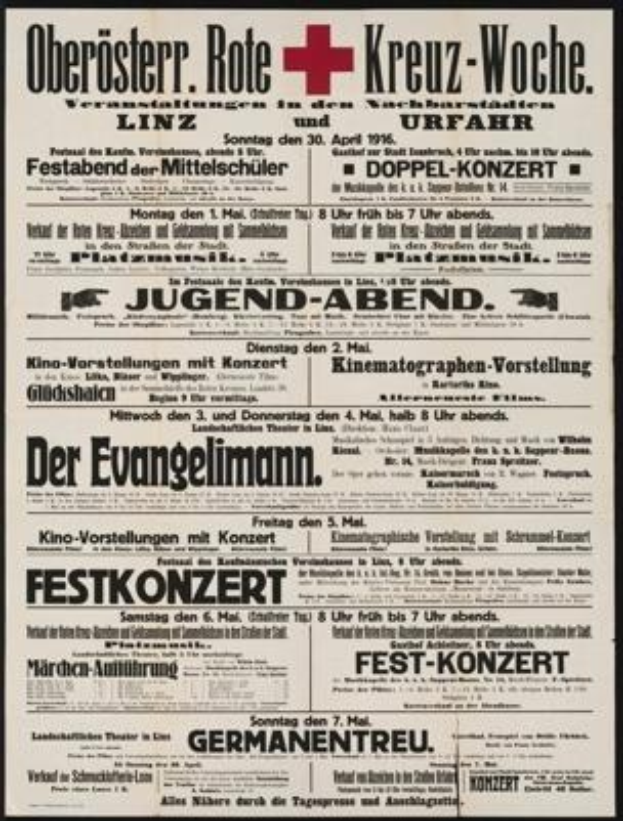 Ein altes deutsches Zeitungsinserat für das Deutsche Rote Kreuz vom 30. April 1916 mit Text und einem Pluszeichen.