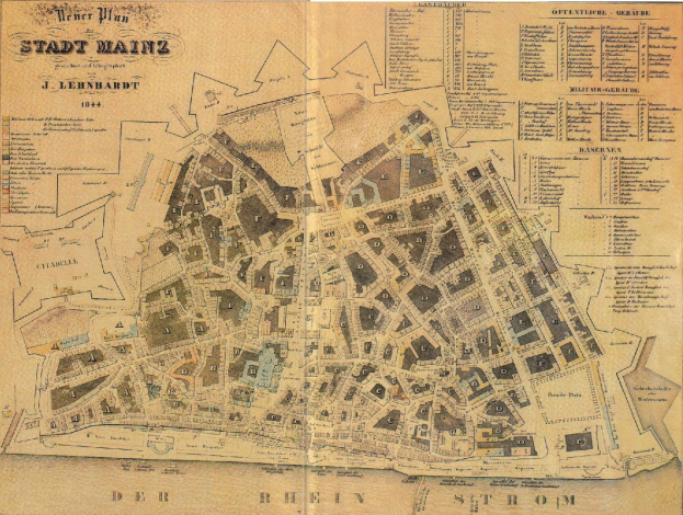 Ausführliche alte Karte der Stadt Mainz, Deutschland, zeigt Straßen, Gebäude und Sehenswürdigkeiten auf altem Papier mit Text.