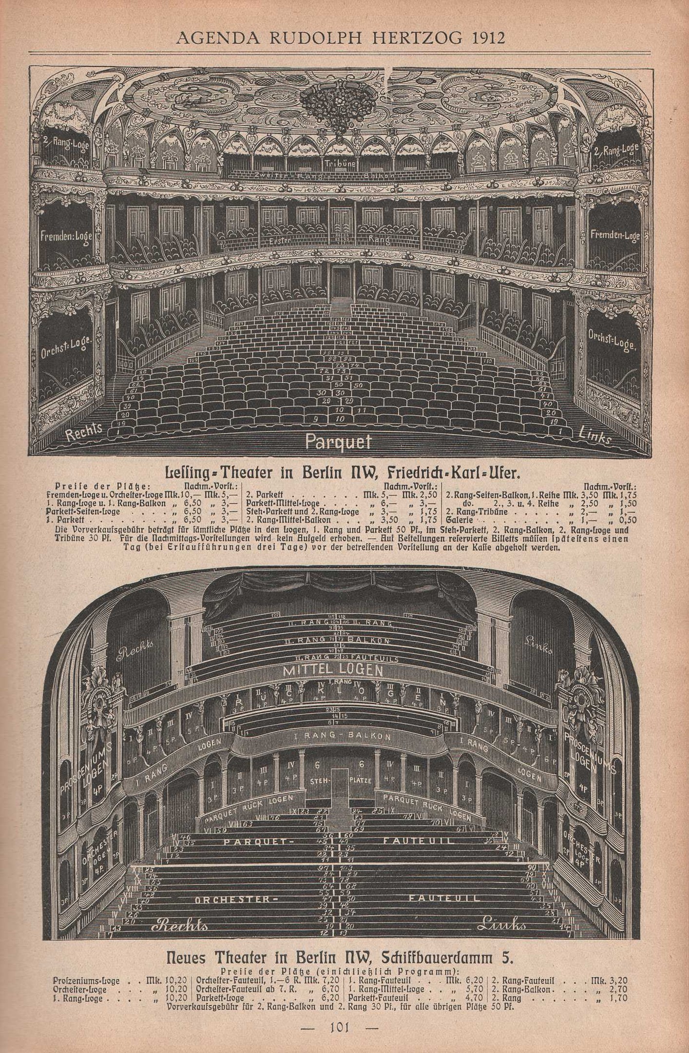 Schwarz-weiß-Illustration eines großen Auditoriums im Innern von Berlin, Deutschland, aus dem Jahr 1912, begleitet von Text, der das Layout des Theaters beschreibt.