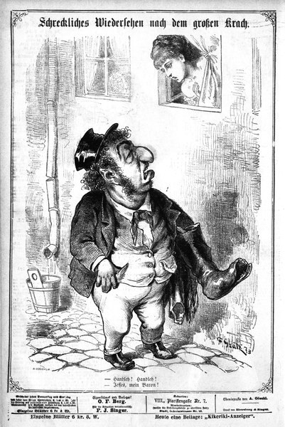 Karikatur eines Mannes mit Zylinder und einer Frau in einem Kleid mit einer Wand, einem Fenster, einem Eimer und anderen Gegenständen im Hintergrund, mit Text unten, der lautet "F. J. Singer, der erste deutsche Politiker, der in den Kongress gewählt wurde".