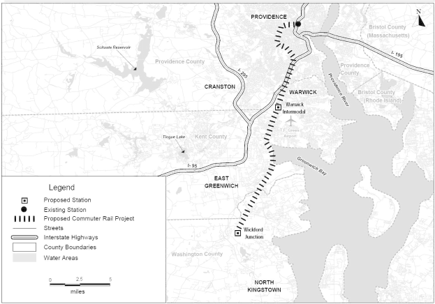 Eine schwarz-weiße Karte einer Stadt mit einem Fluss, beschriftet mit "Vorgeschlagenes Nahverkehrsprojekt" auf der linken Seite, die Straßen, Autobahnen und andere Stadtmerkmale zeigt.