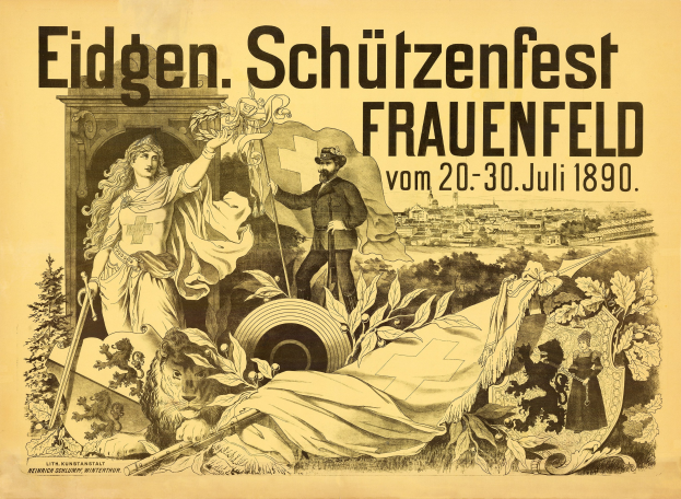 Plakat für das Eidgenössische Schützenfest in Frauenfeld, Deutschland, das einen Mann in einem Anzug und eine Frau in einem Kleid zeigt, die nebeneinanderstehen, sowie Ereignisinformationen.