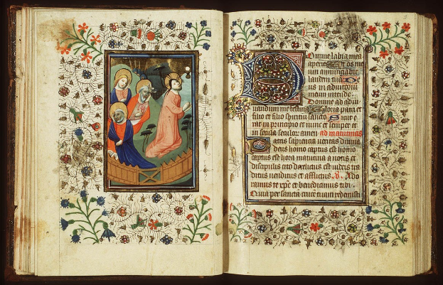 Offenes Buch mit einer illuminierten Miniaturseite, die ein farbenfrohes Gemälde einer Gruppe von Menschen und Text zeigt, umgeben von detaillierten Elementen.