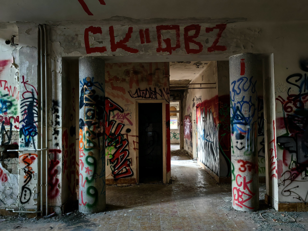 Verlassenes Gebäude mit Graffiti an den Wänden, sichtbarem Boden, freiliegenden Rohren und einer Tür im Hintergrund, das die städtische Verwahrlosung zeigt.