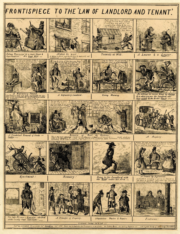 Cartoonartige Illustrationen und fetter Text auf einem Papier, das die Titelseite des Mietrechts darstellt, eingerahmt von einem dekorativen Rand.