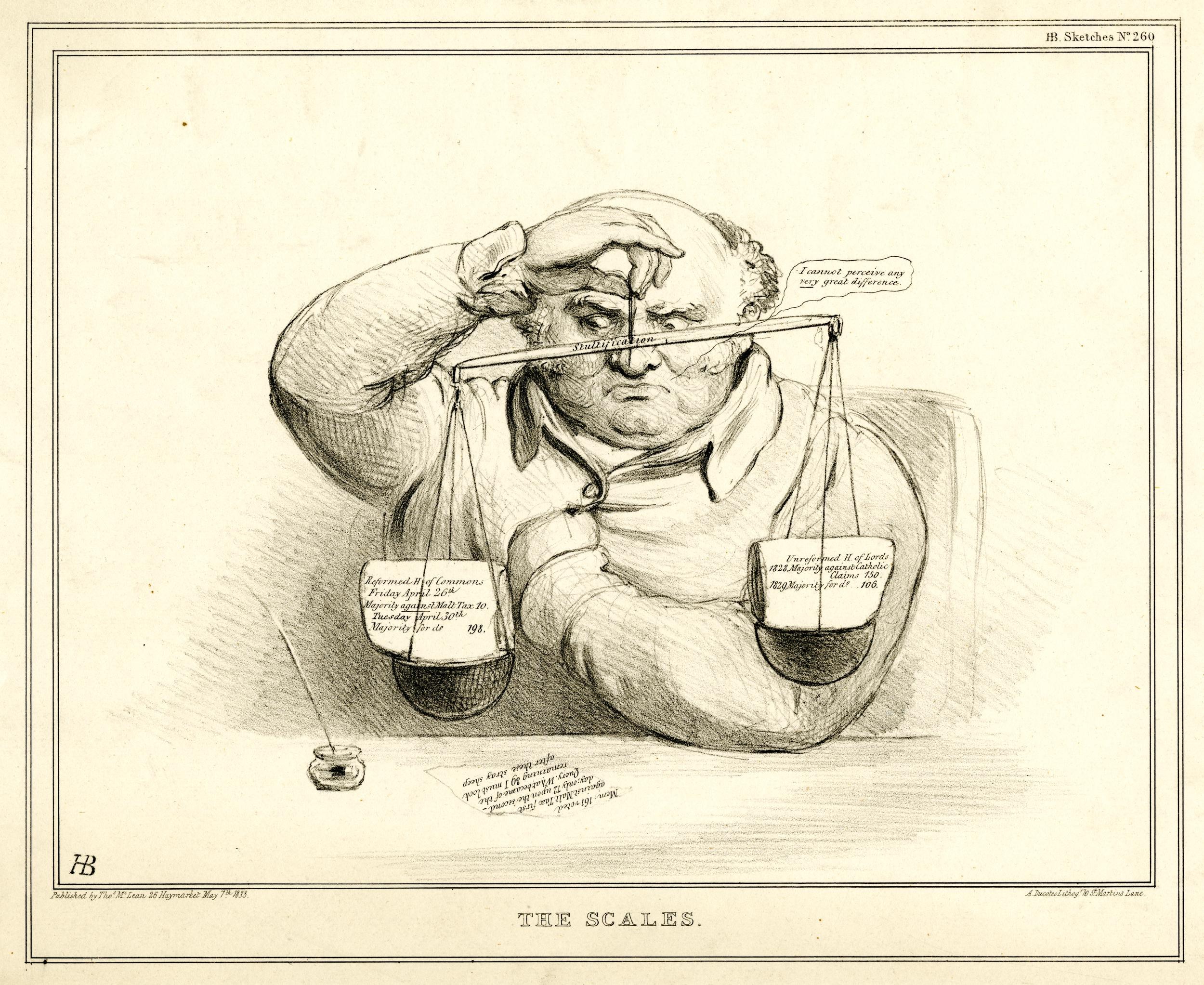 Ein Mann in Anzug sitzt an einem Tisch mit einer Waage davor und durchsucht Dokumente mit Text und Zahlen, die Entschlossenheit ausstrahlt.