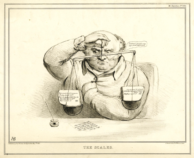 Ein Mann in Anzug sitzt an einem Tisch mit einer Waage davor und durchsucht Dokumente mit Text und Zahlen, die Entschlossenheit ausstrahlt.