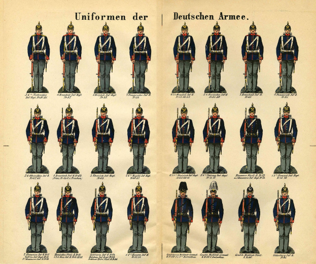 Ein Buch, das ein Raster verschiedener deutscher Armeeuniformen mit unterschiedlichen Farben und Designs zeigt, begleitet von beschreibendem Text.