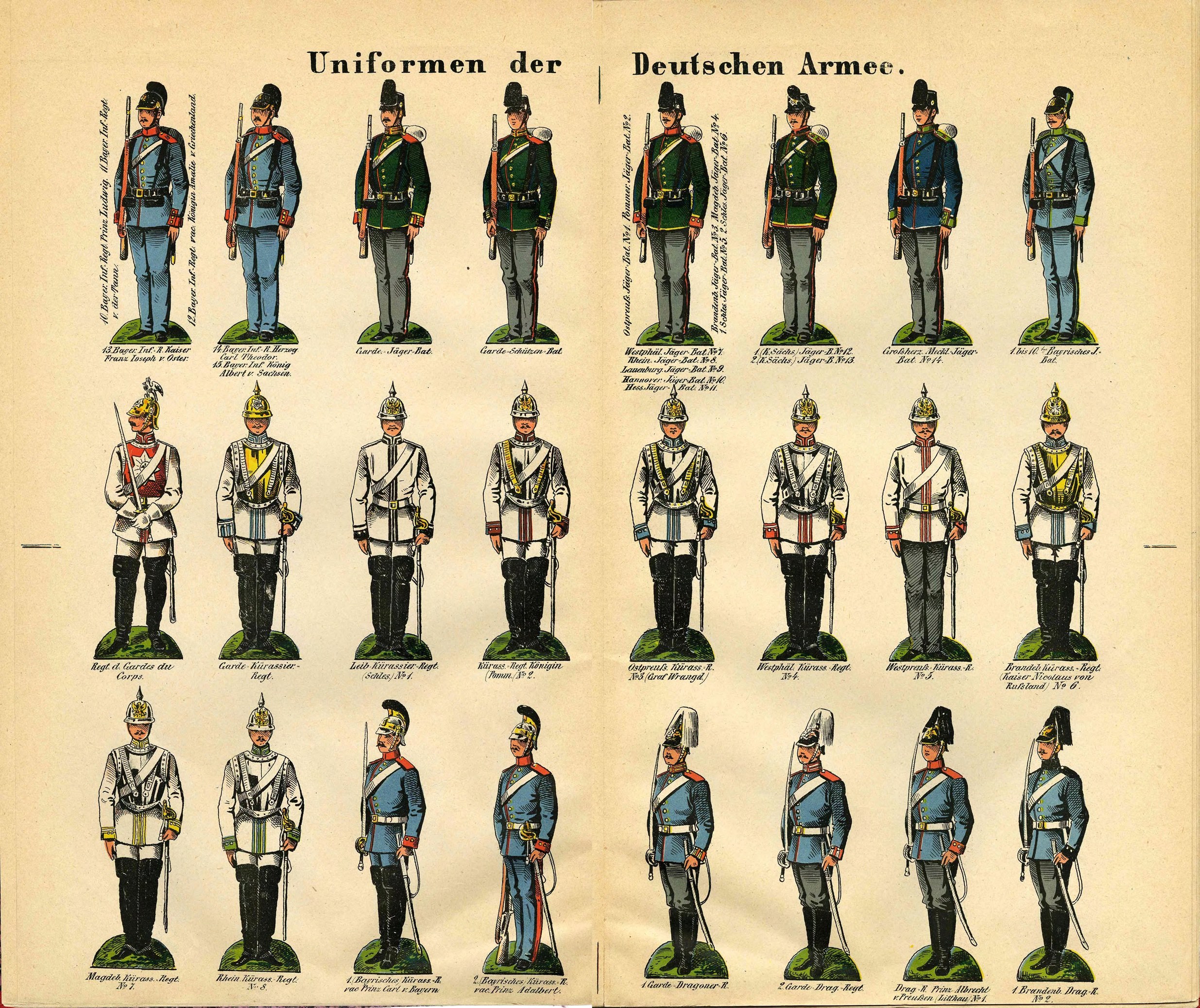 Ein Buch, das bunt gefärbte Militäruniformen der deutschen Armee zeigt, mit detaillierten Elementen wie Helmen, Gewehren und Waffen, begleitet von beschreibendem Text.