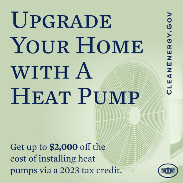 Plakat zur Werbung von Heizpumpen-Upgrades mit dem Text "Upgrade Your Home with a Heat Pump" und einem Bild einer Heizpumpe.