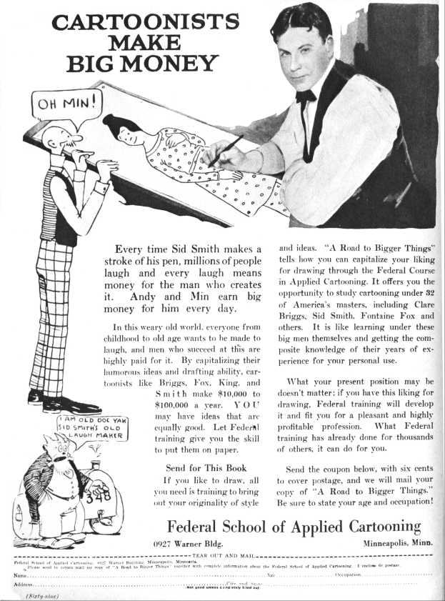 Anzeige mit drei Personen: Ein Mann im Smoking steht in der Mitte, eine Frau in einem Kleid links daneben und ein weiterer Mann rechts daneben, mit dem Text "Cartoonisten verdienen viel Geld."