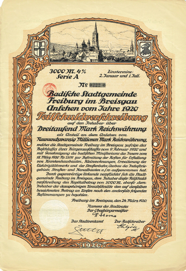 Altes deutsches Aktienzertifikat mit einer Illustration einer Stadt und bedrucktem Text, der wahrscheinlich den Ursprung der Aktie beschreibt.