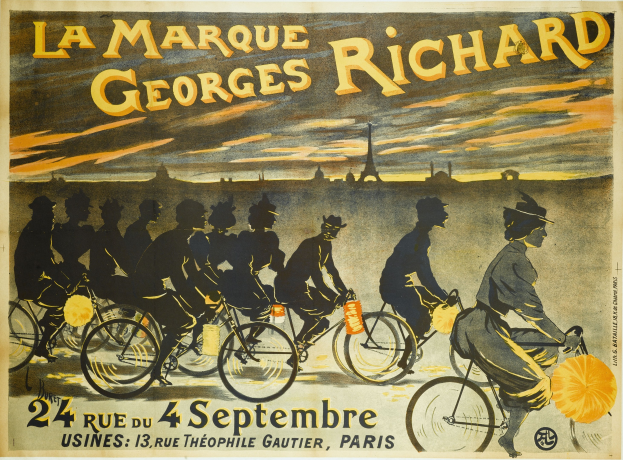 Plakat für ein Fahrradrennen in Paris mit Radfahrern vor dem Eiffelturm und Werbetext.