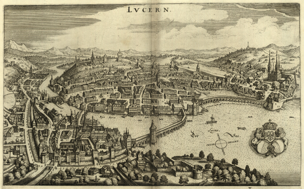 Ein altes Stadtplan von Lwiw, Ukraine, zeigt Gebäude, Bäume, Wasser, Hügel und Wolken am Himmel mit Text oben.