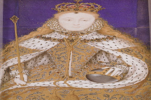 Gemälde der Queen Elizabeth I. von England in königlicher Kleidung, mit Krone, einen Stab haltend, mit einem Dutt, Blick in die Ferne mit einem würdevollen Ausdruck.