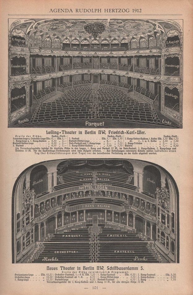 Ein altes Buch mit einer Zeichnung eines großen Auditoriums in Berlin, Deutschland aus dem Jahr 1912, einschließlich Text, der das Layout des Theaters beschreibt.