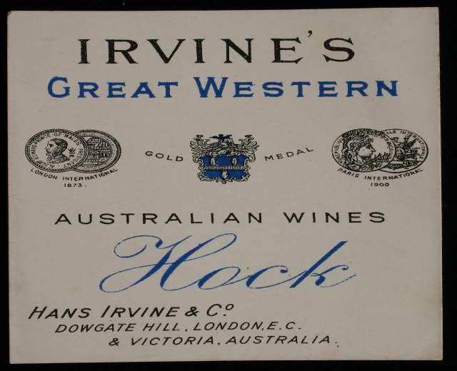 Plakat, das Irvine's Great Western Australian Wines bewirbt, mit dem Text und Logos des Unternehmens.