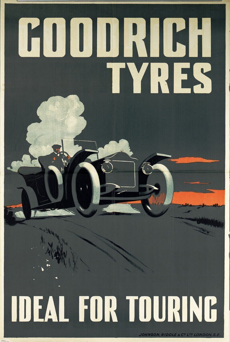 Plakatwerbung Goodrich Reifen mit einem Auto und einer Person darin sowie Text mit Unternehmens- und Serviceinformationen.