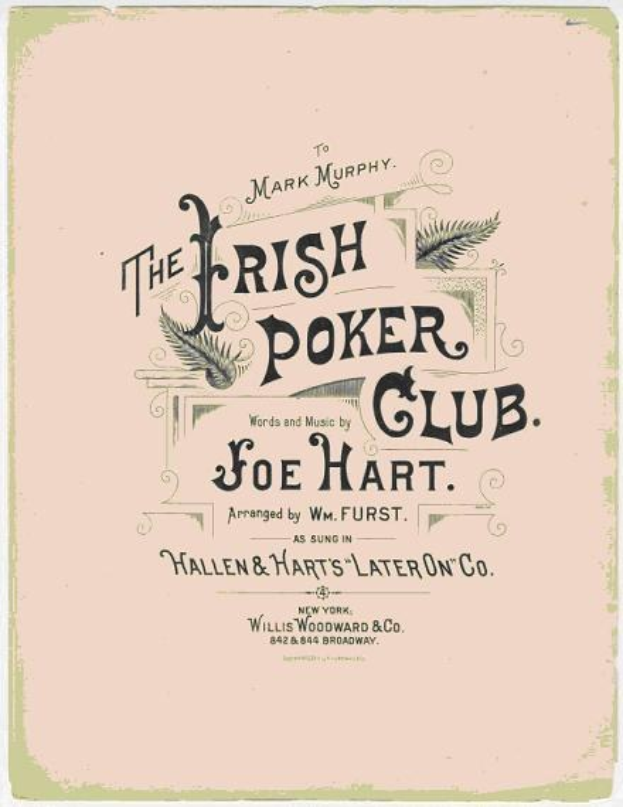 Ein Plakat mit der Aufschrift 'The Irish Poker Club' in fetter schwarzer Schrift auf einem weißen Hintergrund, eingerahmt von einem schmalen schwarzen Rand, mit einer bunten Shamrock-Illustration.