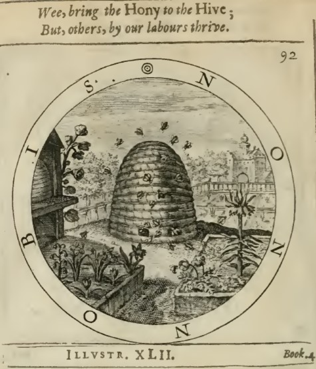 Ein altes Buch mit einer Zeichnung eines Bienenstocks umgeben von Pflanzen und B├Ąumen, mit dem Text "Wee, bring den Honig zur Wabe, aber andere, durch unsere Arbeit's bl├╝hen".