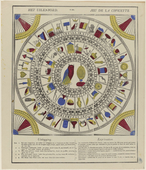 Ein Blatt mit einem dekorativen Räderglück, das in zwölf zodiac-themed Abschnitte unterteilt ist, umgeben von Text in einer verzierten Schriftart.