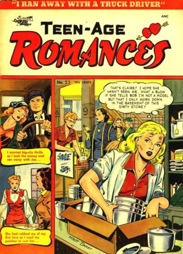 Ein buntes DC-Comics-Plakat mit der Aufschrift "Teen-Age Romances 23-A", das eine Gruppe von Menschen in inniger Umarmung zeigt.
