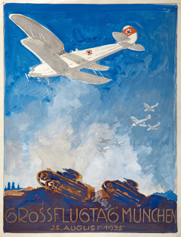 Plakat zur Ankündigung eines Luftfahrtfestes in München am 25. August 1935, das Flugzeuge am Himmel zeigt