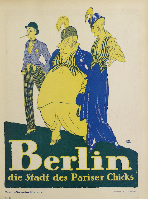 Ein Plakat für ein Konzert in Berlin, Deutschland, das eine Gruppe farblich gekleideter Menschen vor einem Gebäude zeigt, mit der Aufschrift "Berlin - Die Stadt des Pariser Chicks" oben.