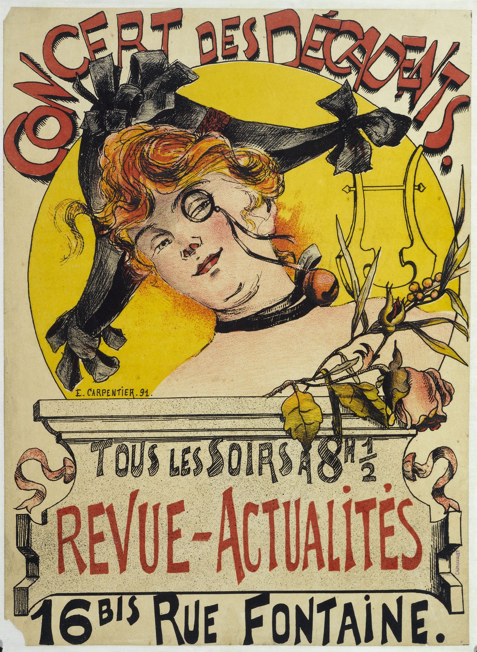 Plakat, das ein Konzert der Decadents mit einer Illustration eines Frauenkopfes und Text auf dem Plakat ankündigt.