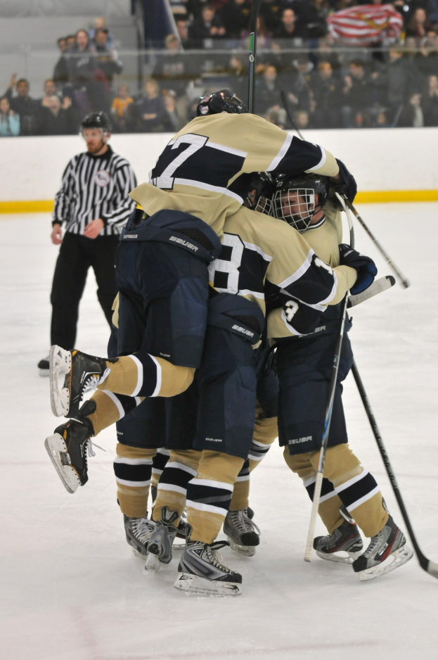 Eine Gruppe von Eishockeyspielern in Uniform und Helmen steht auf dem Eis während eines Spiels, mit Zuschauern im Hintergrund.