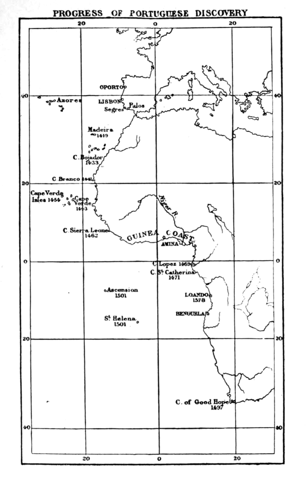Schwarze und weiße Karte der portugiesischen Entdeckungsfortschritte, die geografische Merkmale, Städte und beteiligte Länder zeigt, mit erklärendem Text.