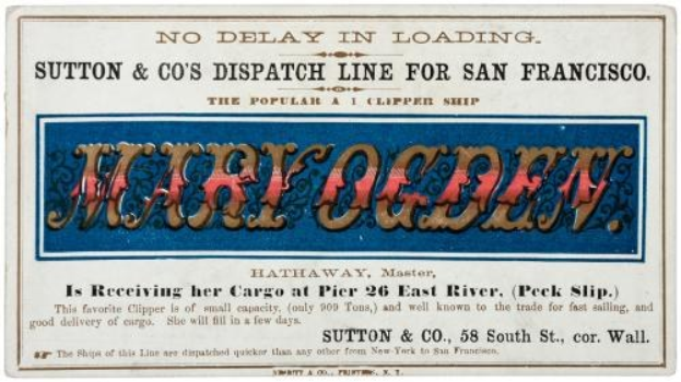 Papier-Paketaufkleber mit der Aufschrift "Sutton & Co.'s Dispatch Line for San Francisco" für eine Klipper-Schiff.