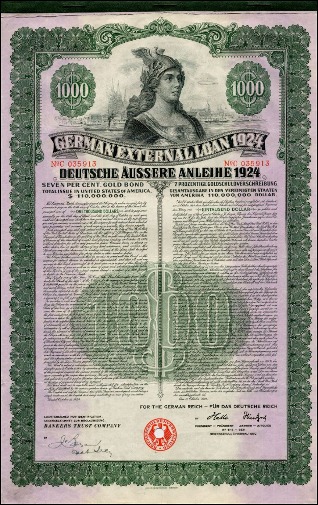 Deutsches Auslandsanleihe-Zertifikat aus dem Jahr 1924 mit einer Frauendarstellung, mit gedrucktem Text und numerischen Nennwertmarkierungen.