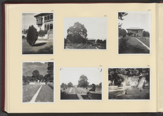 Offenes Buch mit einer Collage aus Schwarz-Weiß-Fotografien von Bäumen im Zentrum, umgeben von Gebäuden und einem Brunnen.
