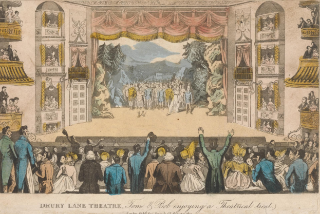 Eine Menschenmenge steht vor einer Bühne im Drury Lane Theatre in London mit bemalten Vorhängen, Bäumen, Hügeln und einem Himmel als Hintergrund; unten steht der Text "James & Bob genießen einen Theaterkopf."