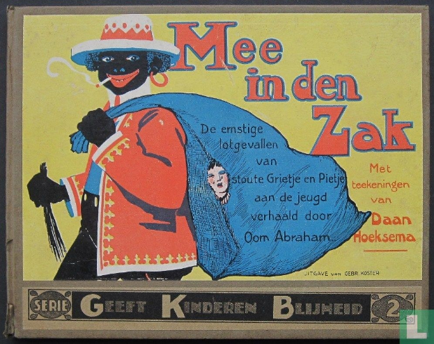 Plakat auf einer schwarzen Oberfläche mit dem Text "mee in den zak" und einem Bild einer Person mit weißem Hemd und blauer Mütze, die verschmitzt aussieht.