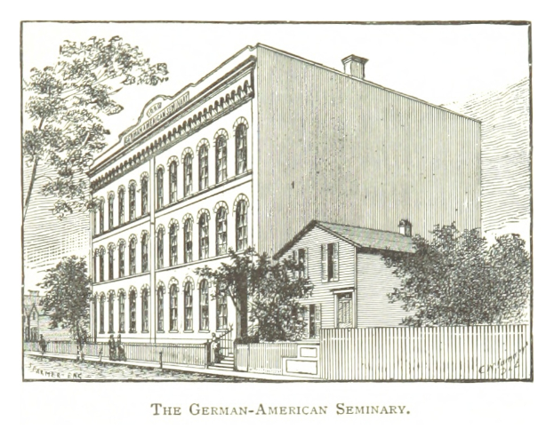 Eine Zeichnung eines Gebäudes mit Fenstern, Bäumen, einem Zaun und einem Himmel im Hintergrund, mit dem Text "Das Deutsche-Amerikanische Seminar" unten.