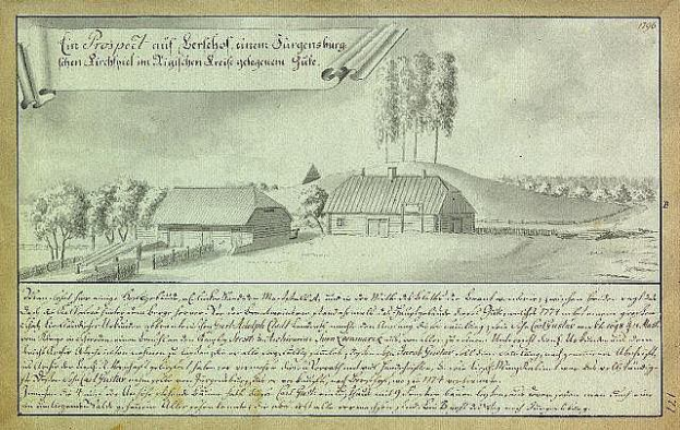Ein altes Dokument mit einer Zeichnung eines Bauernhofs in einem Feld, umgeben von Häusern, Bäumen und einem Himmel, mit dem Text "Surgensburg, Deutschland - Landschaft eines Bauernhofs".
